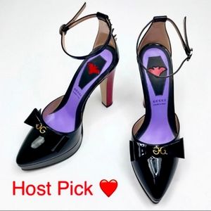 Gucci Black Patent Leather Bow Spike Red Heel Pump WITH BOX